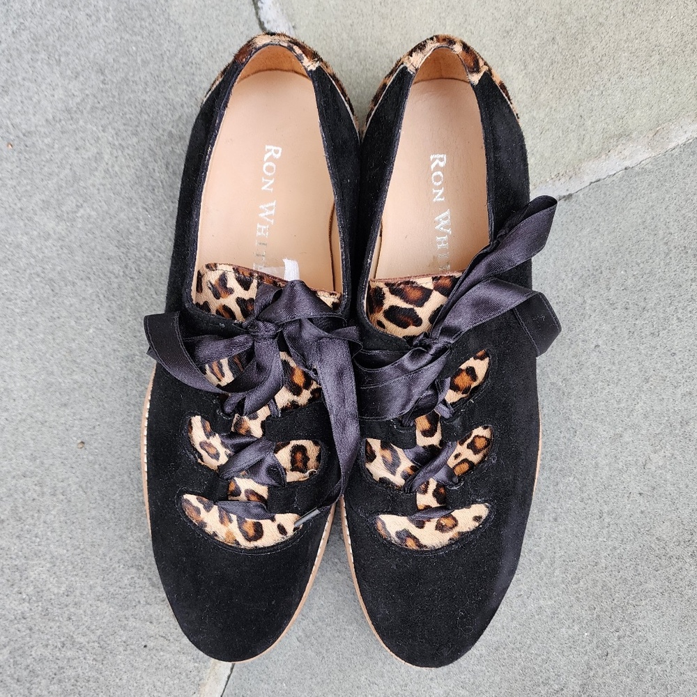 RON WHITE Black Suede And Leopard Print Lace Up Platforms